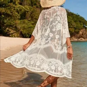 Women's Lace Kimono Beach Cover Up - Long Maxi Bikini Cover Up, Floral Embroidery, White